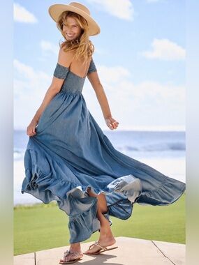 Chambray Blue Off Shoulder Smocked Maxi Dress | Boho Coastal Cottagecore